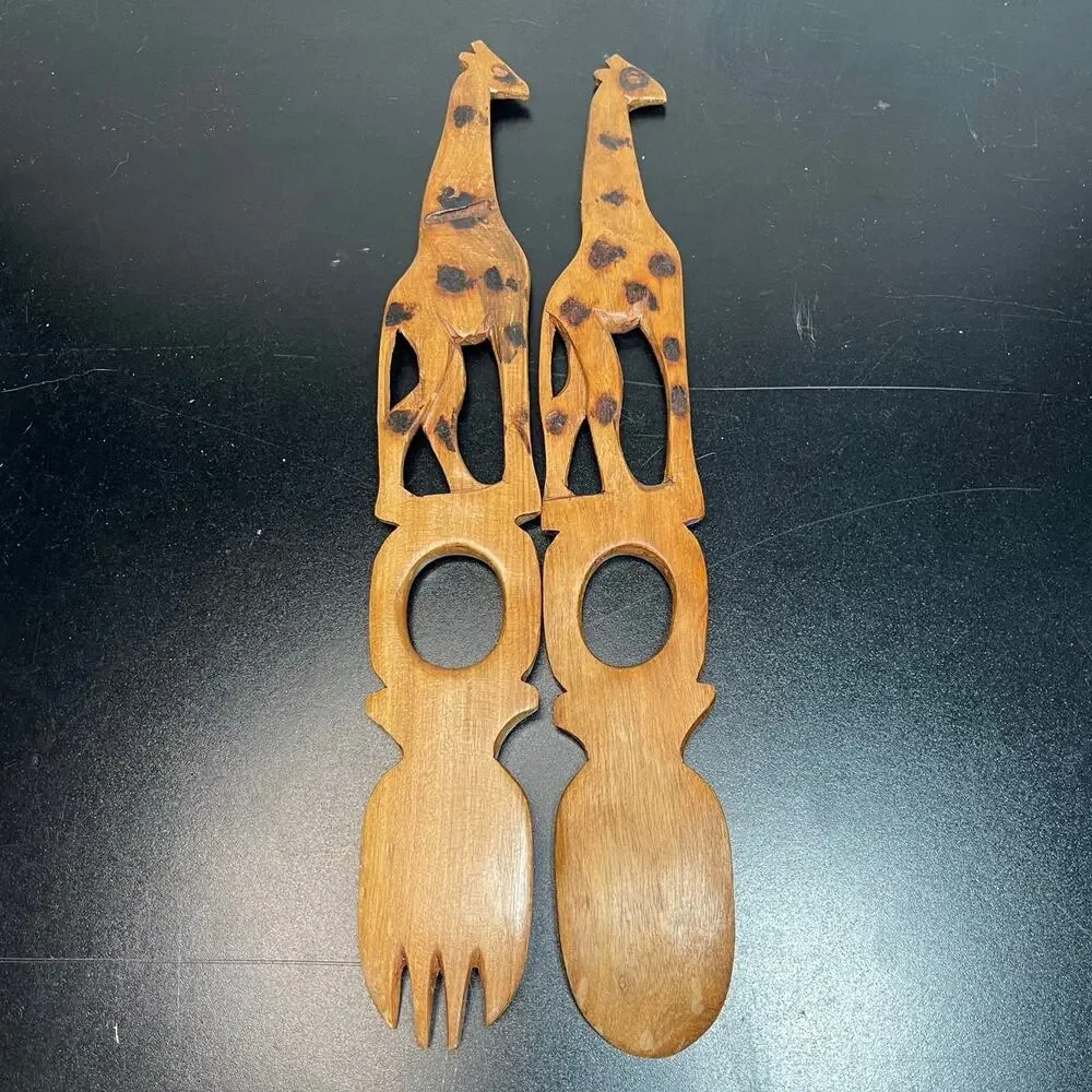 Vintage Hand Carved Wooden Giraffe Salad Spoon & Fork Set 11.25